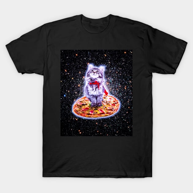 Galaxy Kitty Cat Riding Pizza In Space T-Shirt by Random Galaxy